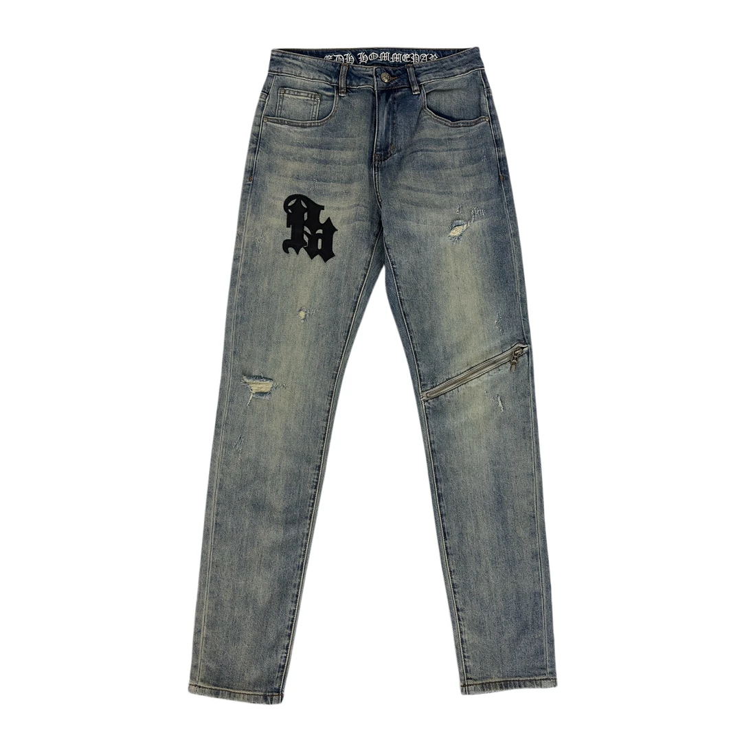 美式高街黄泥染水洗做旧直筒牛仔裤韩版时尚潮流百搭长裤港风潮裤