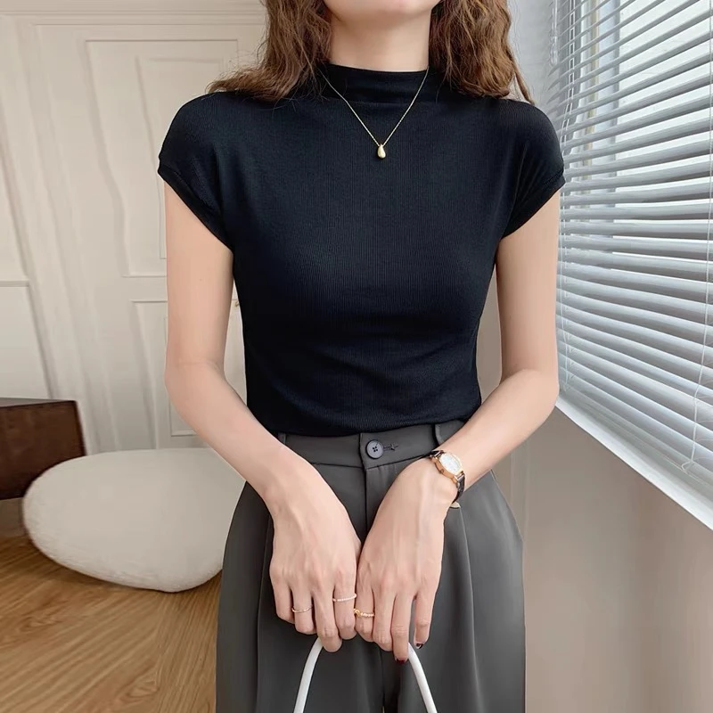 春夏高级气质大码宽松螺纹修身显瘦半高领长袖短袖T恤ins打底上衣