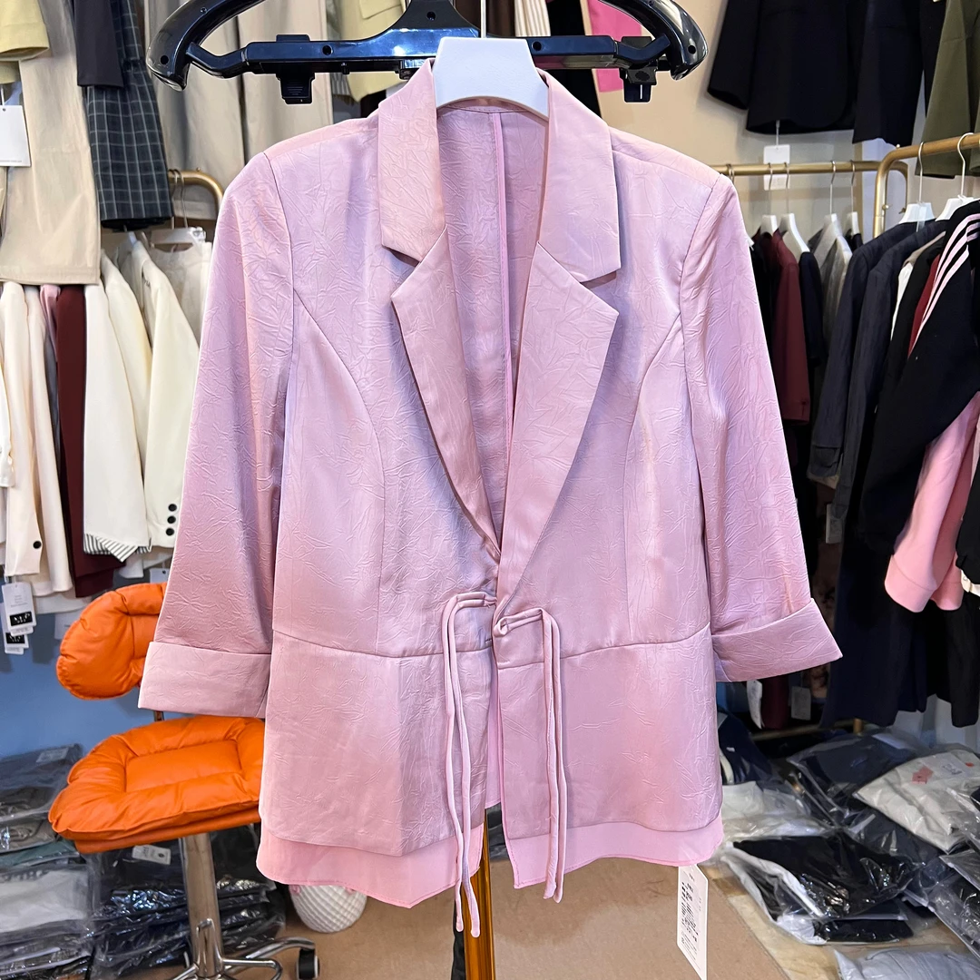 气质短款时尚休闲百搭女士夏季松紧收腰显瘦翻领双排扣风外套长袖