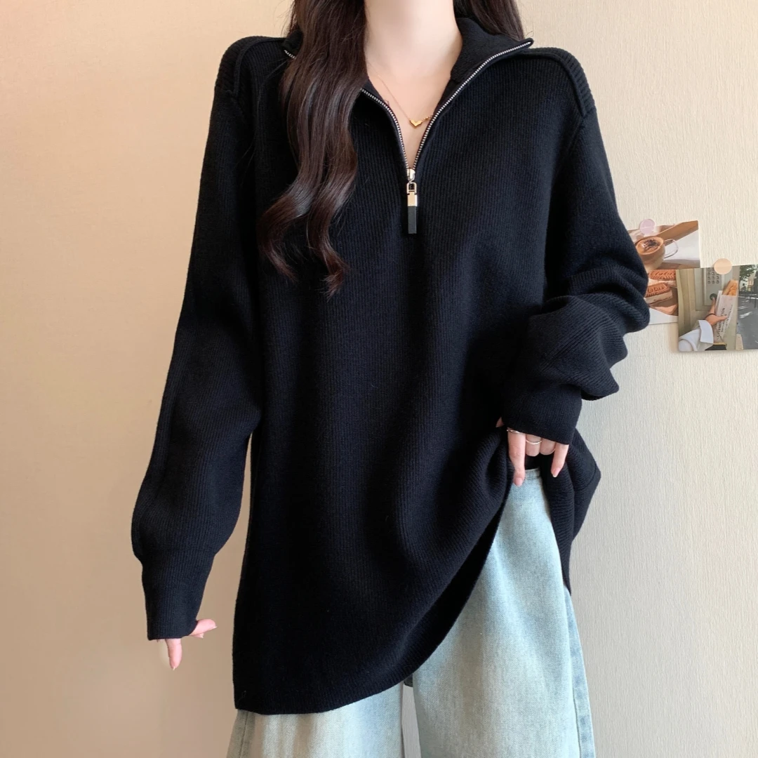 内搭半拉链高领毛衣女秋冬新款大码胖mm大版宽松上衣中长款针织衫