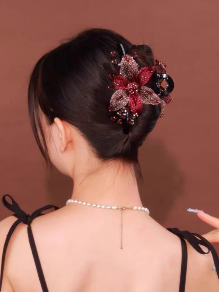 轻奢复古抓夹女金属丝手工编织双面气质红花朵鲨鱼夹优雅发夹头饰