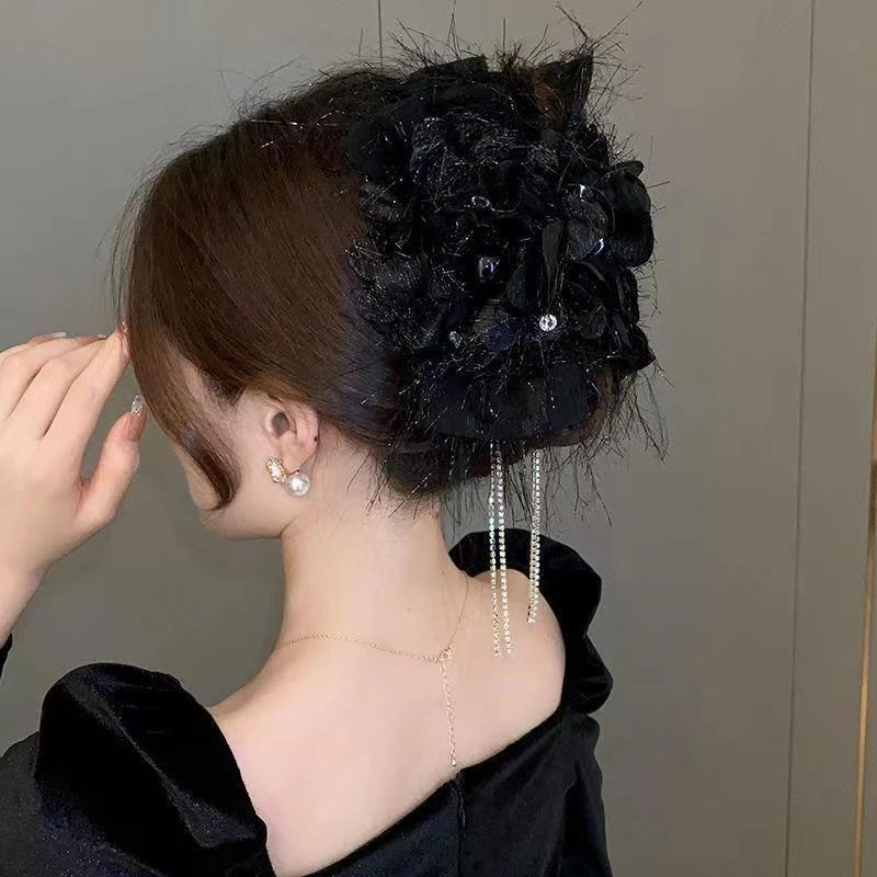 轻奢花朵流苏链条抓夹女后脑勺蓬松显发量盘发夹高级感鲨鱼夹头饰