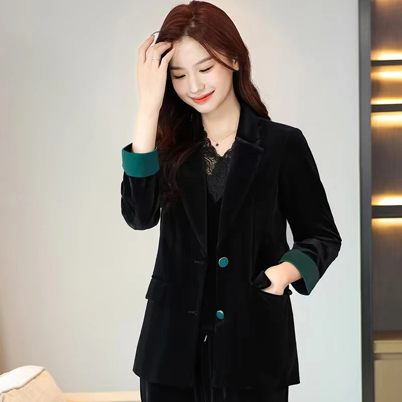 2025新款丝绒拼接外套时尚百搭两粒扣显瘦气质妈妈款西装网红