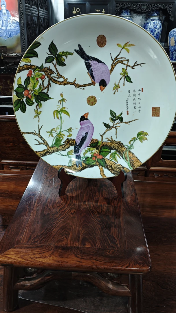 花鸟粉彩手工手绘赏盘珐琅彩