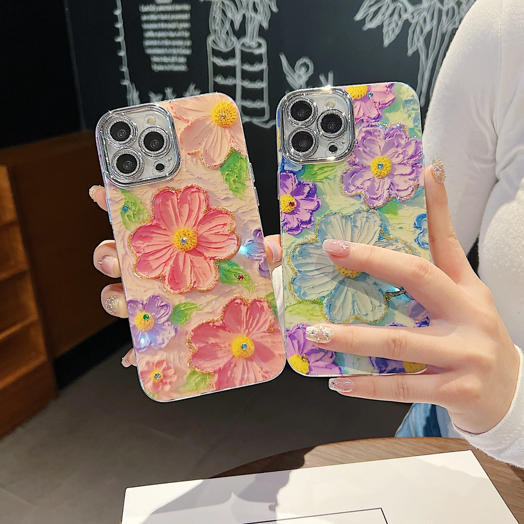 ins蓝光油画花朵适用于苹果14Promax手机壳15全包iPhone13/12防摔