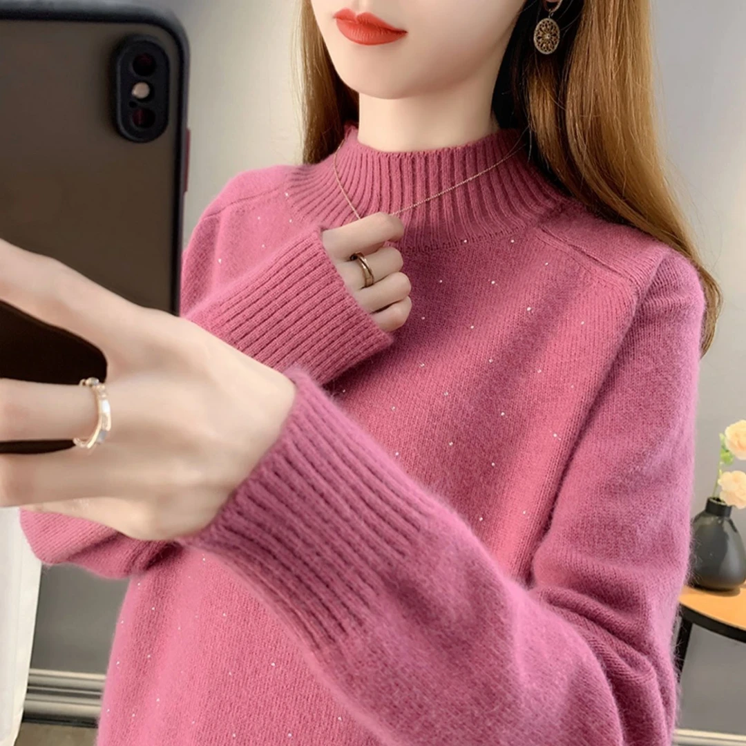 2022年新款秋冬亮钻半高领毛衣女宽松软糯打底衫女洋气上衣女套头