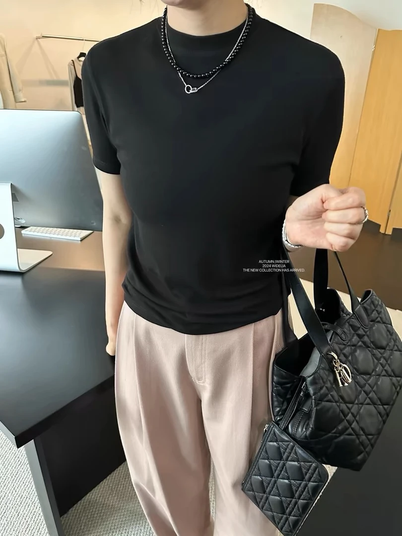 widelia十三行老板娘修身显瘦百搭半高领小立领短袖T恤上衣女7106