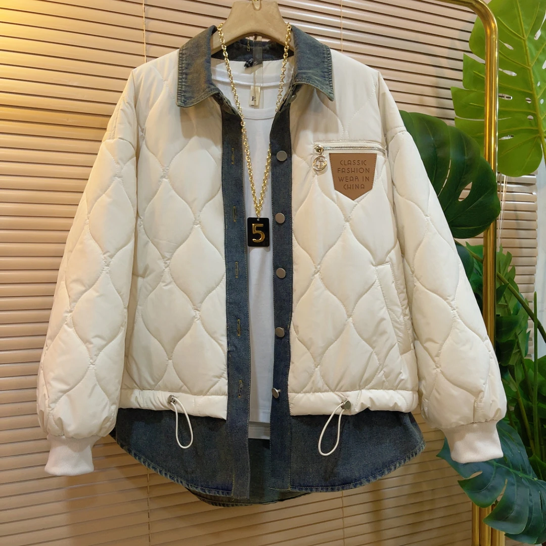 2024大码秋冬新款时尚设计冬季牛仔拼接宽松两件棉衣棉服显瘦外套