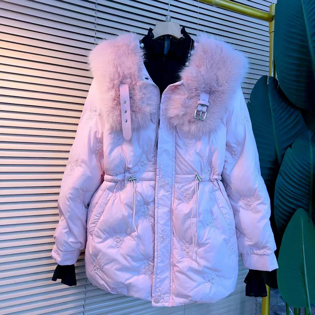 冬季新款大码女装洋气显示百搭潮流网红毛毛领中长款抽绳单件棉服