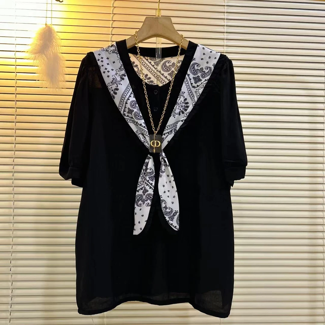 夏季新款大码女装休闲百搭遮肉显瘦洋气减龄时尚爆款潮流拼接小衫