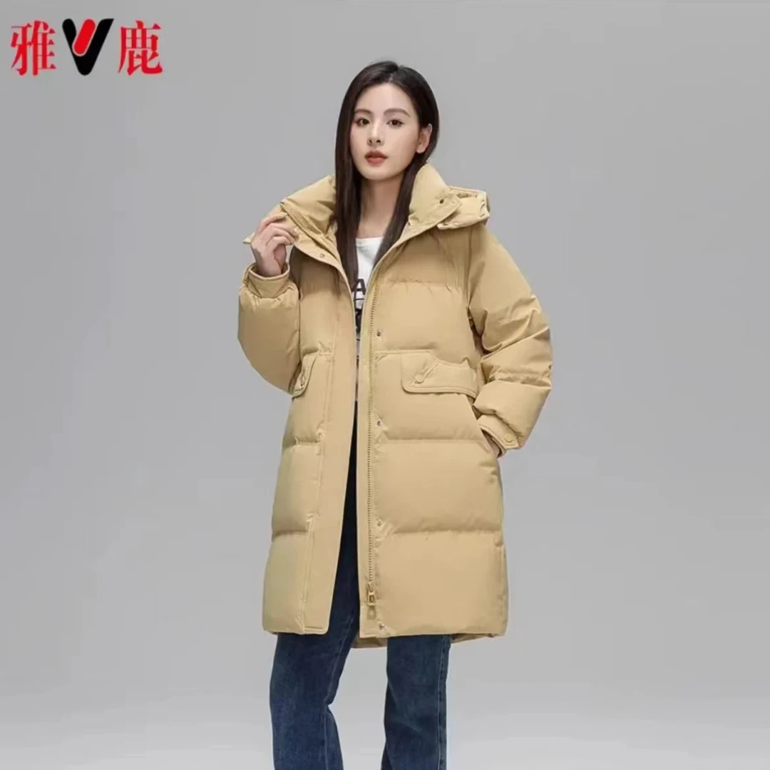 雅鹿新款冬季白鸭绒保暖连帽百搭羽绒服长款22026