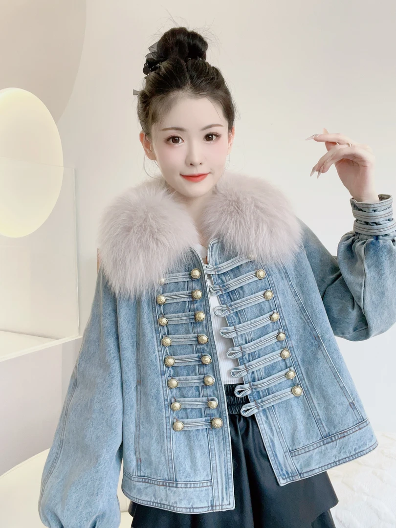 【爱路莎】90-8026 狐狸毛牛仔鹅绒丹宁风 2024秋冬新款女皮草外套