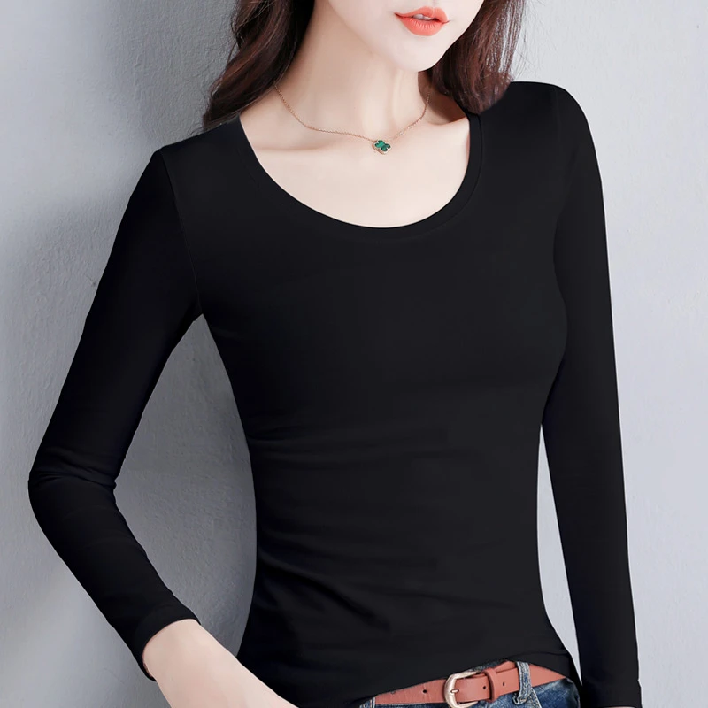 纯棉黑色打底衫女长袖内搭2023新款春秋冬装百搭修身薄款t恤秋衣