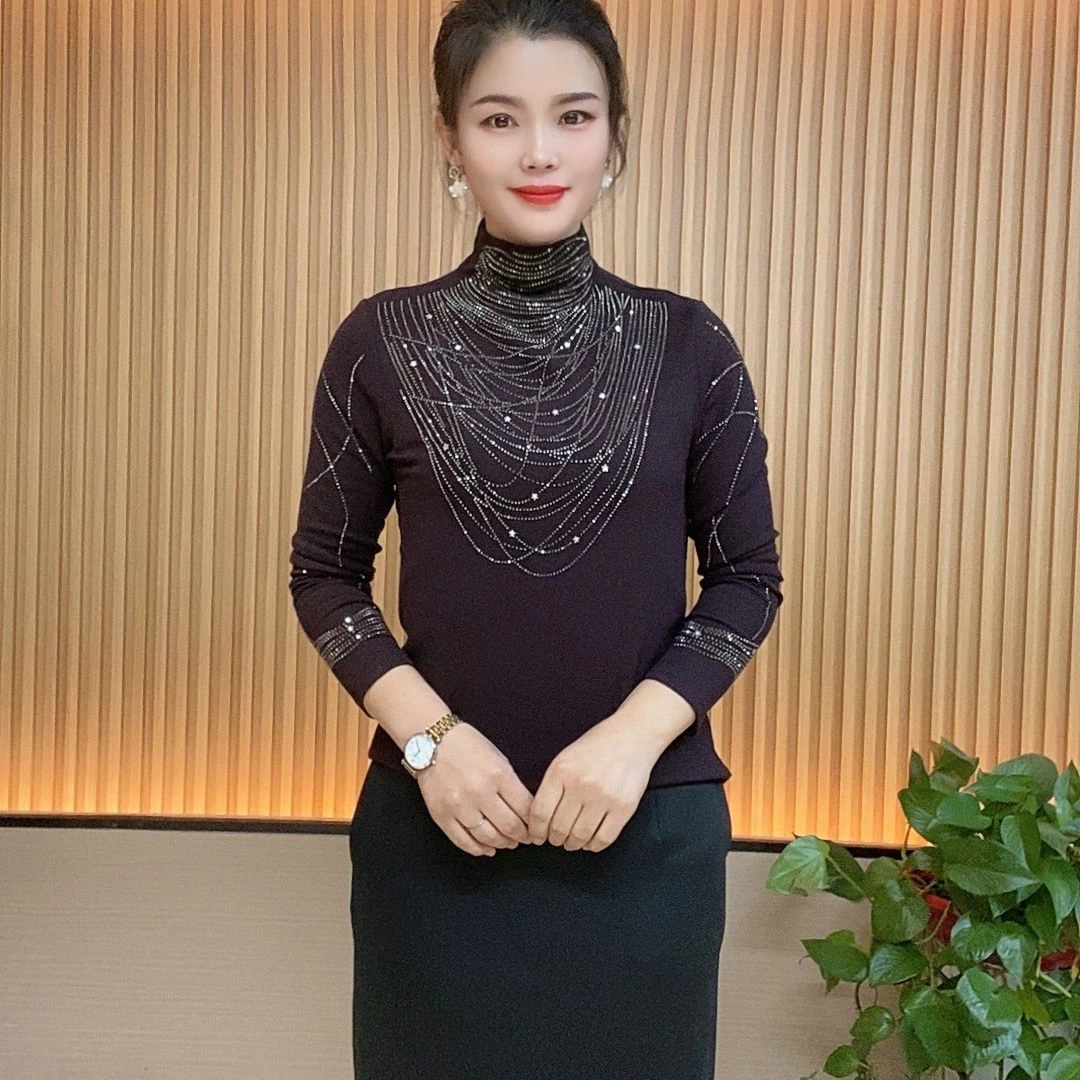 冬季新款加绒时尚妈妈装女士上衣打底衫洋气减龄气质长袖小衫显瘦