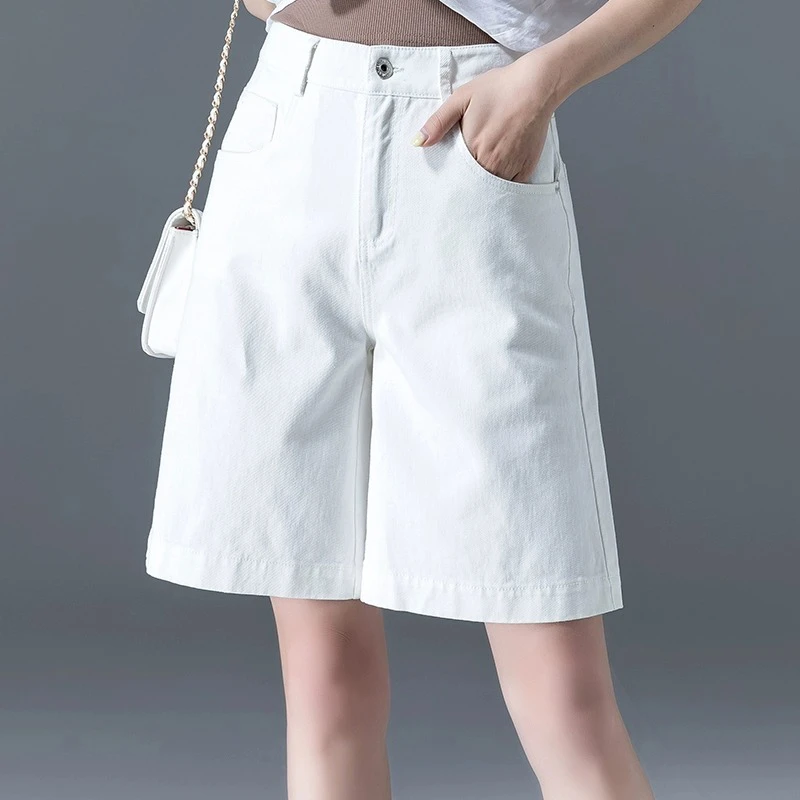 高腰牛仔短裤女款爆款2025新款夏季薄款白色五分裤a字型直筒中裤