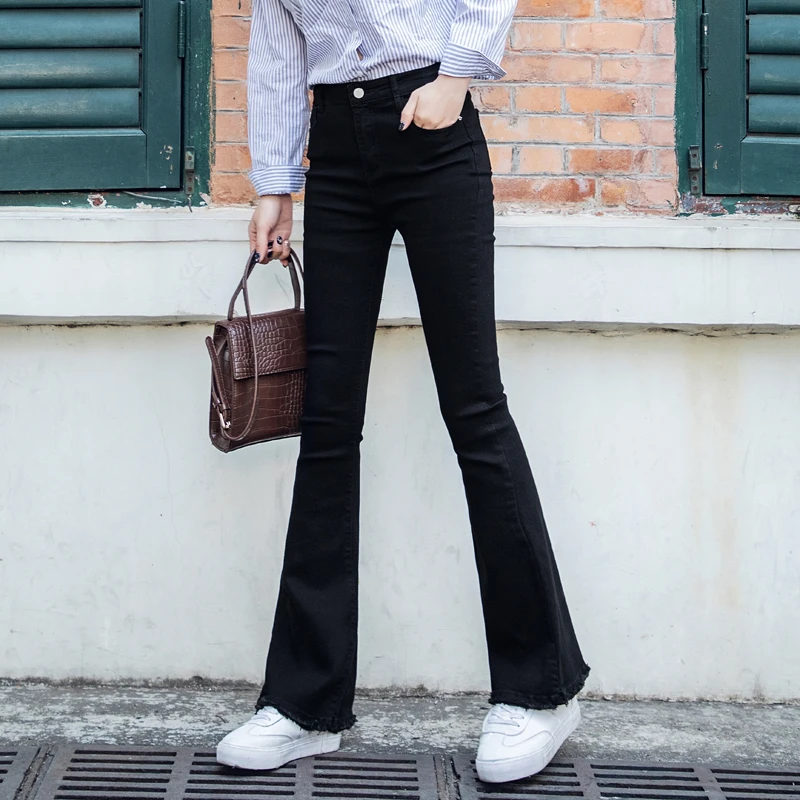 黑色毛边微喇叭牛仔裤女九分高腰弹力2025春秋新款显瘦修身马蹄裤