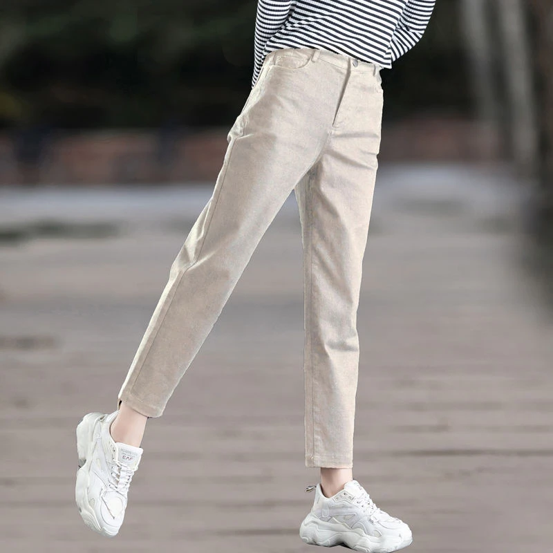 杏色裤子秋冬女款爆款2025加绒高腰显瘦弹力大码小脚哈伦老爹裤子