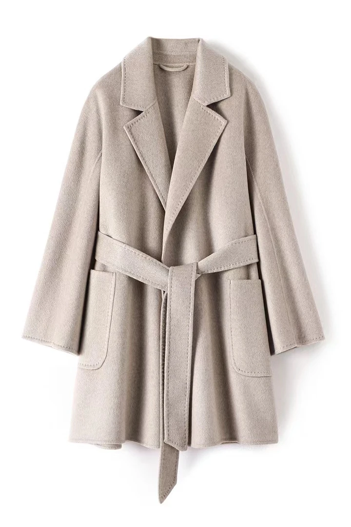 100纯羊绒高端双面羊绒呢大衣经典浴袍款短款女士大衣