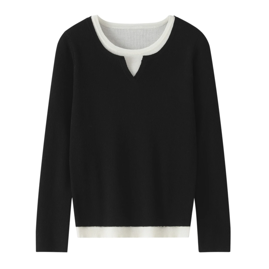 国王礼物扬子纱双层假两件打底衫  百搭圆领显瘦抽条款羊毛衫