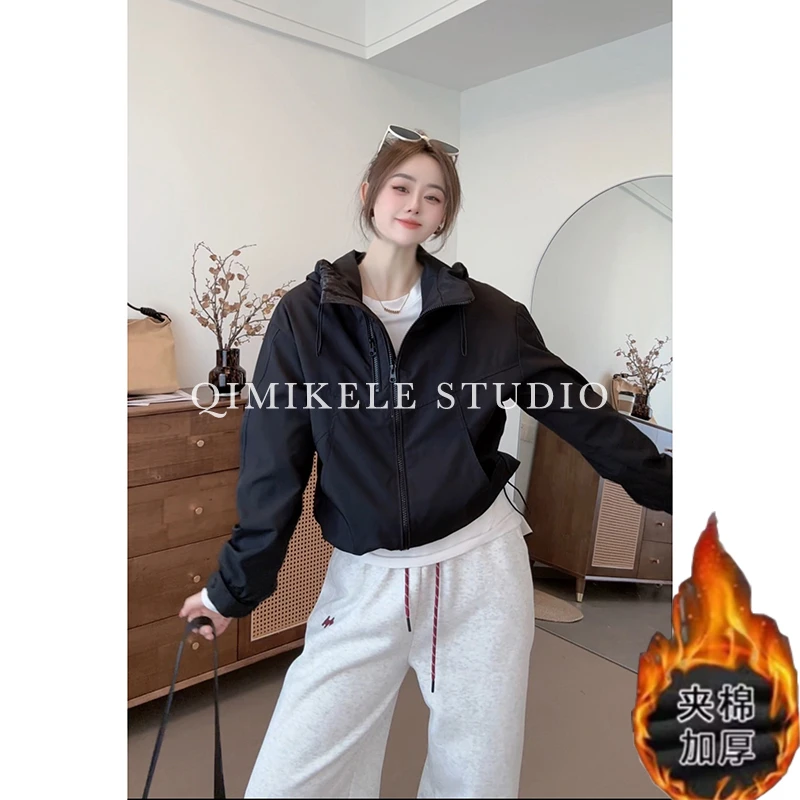 【戚米可乐】加棉加厚春休闲女装宽松版冲锋衣外套连帽百搭夹克短款