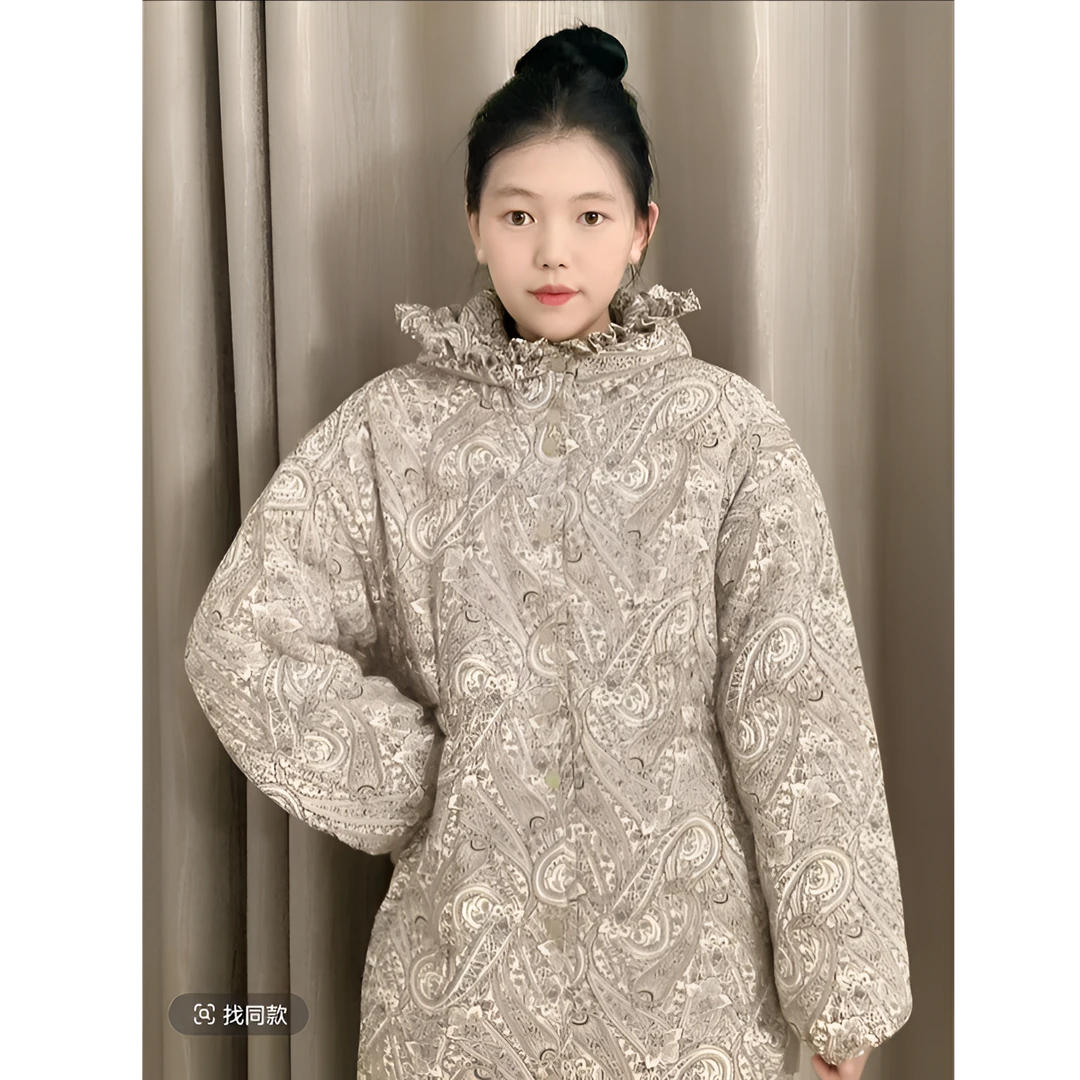 SX新疆棉花【咖色腰果花】收腰花边帽棉袄宽松家居服保暖棉衣棉服女