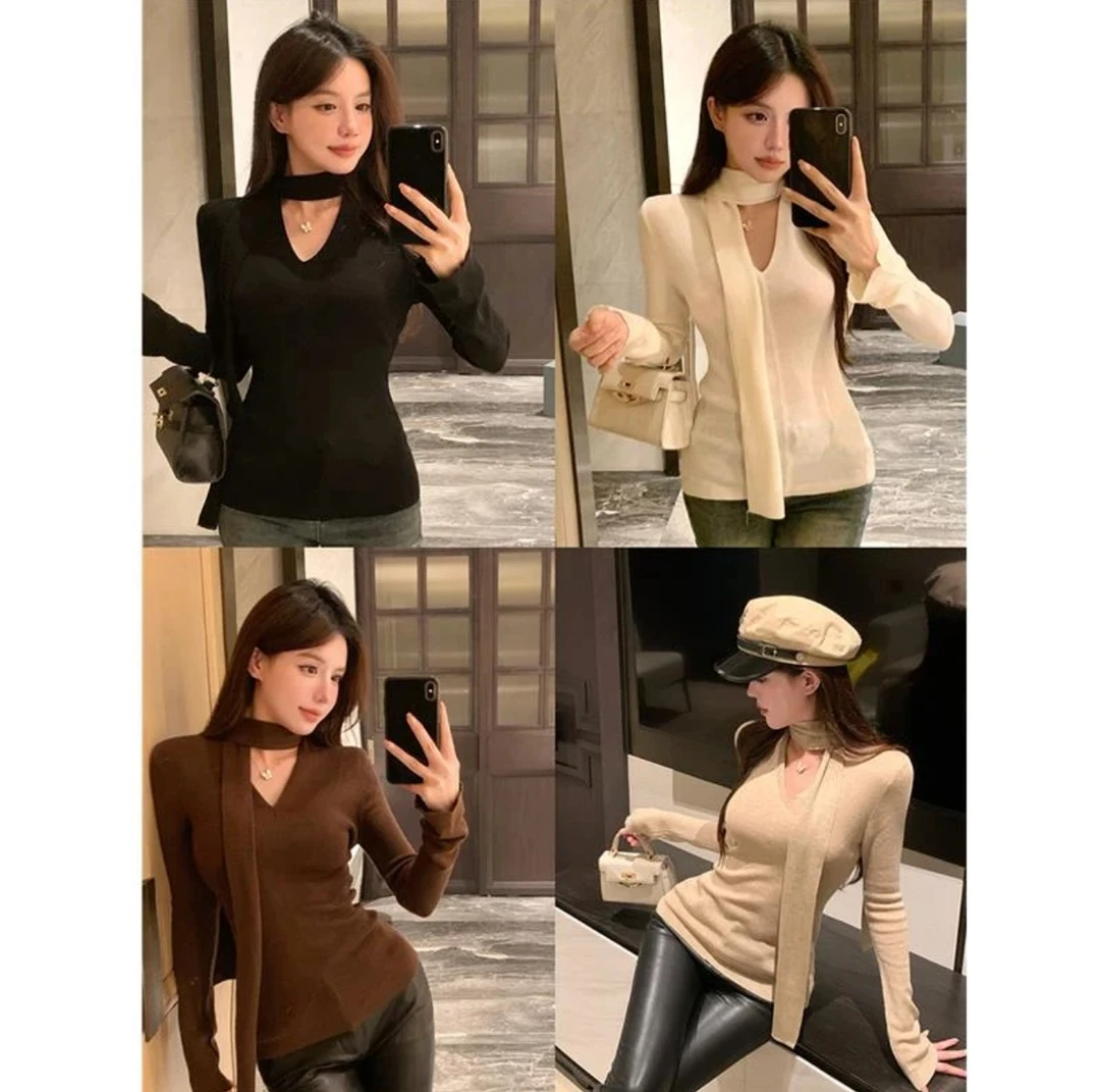 纯欲风三三家秋季新款V领长袖黑色女套头上衣带小众毛衣针织