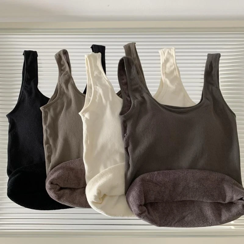 大码300斤胖mm早秋加绒德绒保暖外穿吊带背心内搭带胸垫打底上衣