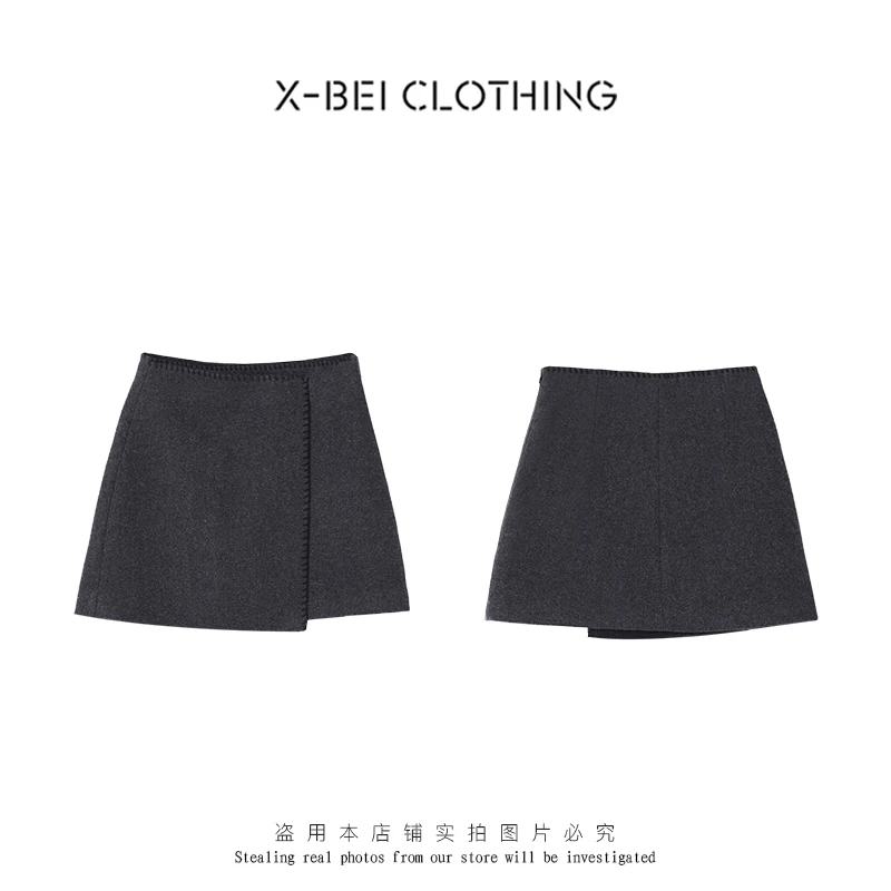 【浮浮款-只出不进】拼接毛呢设计款显瘦带内衬百搭半裙 D8738