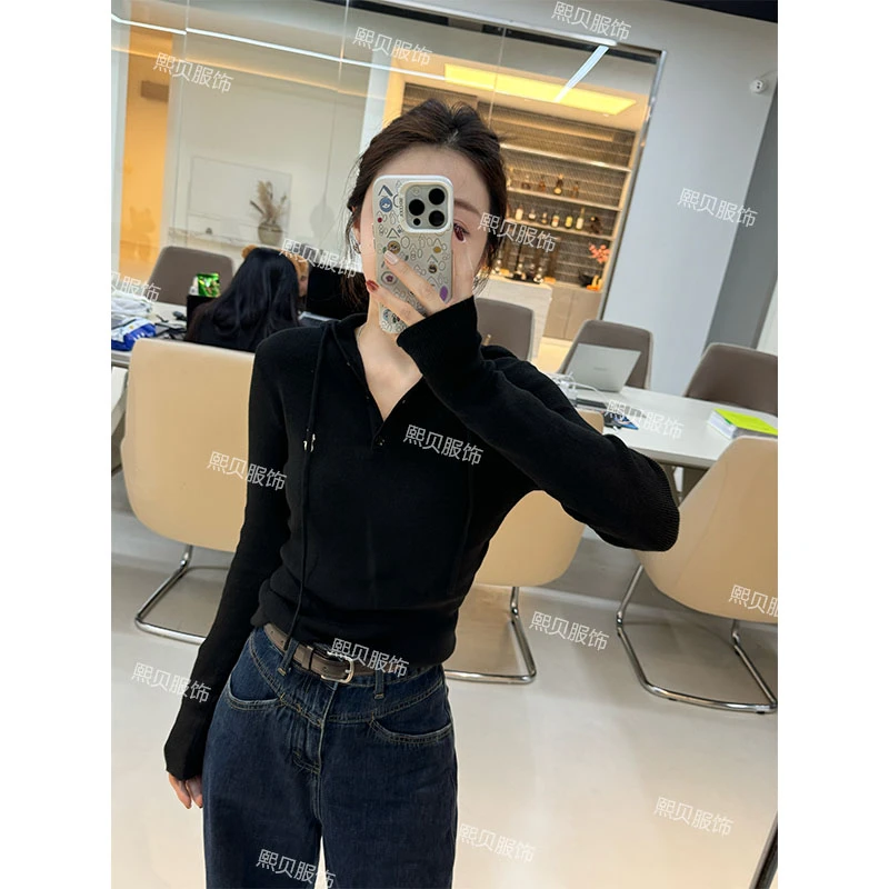 【浮浮款-只出不进】软糯打底衫显瘦纽扣抽绳针织衫 D8501