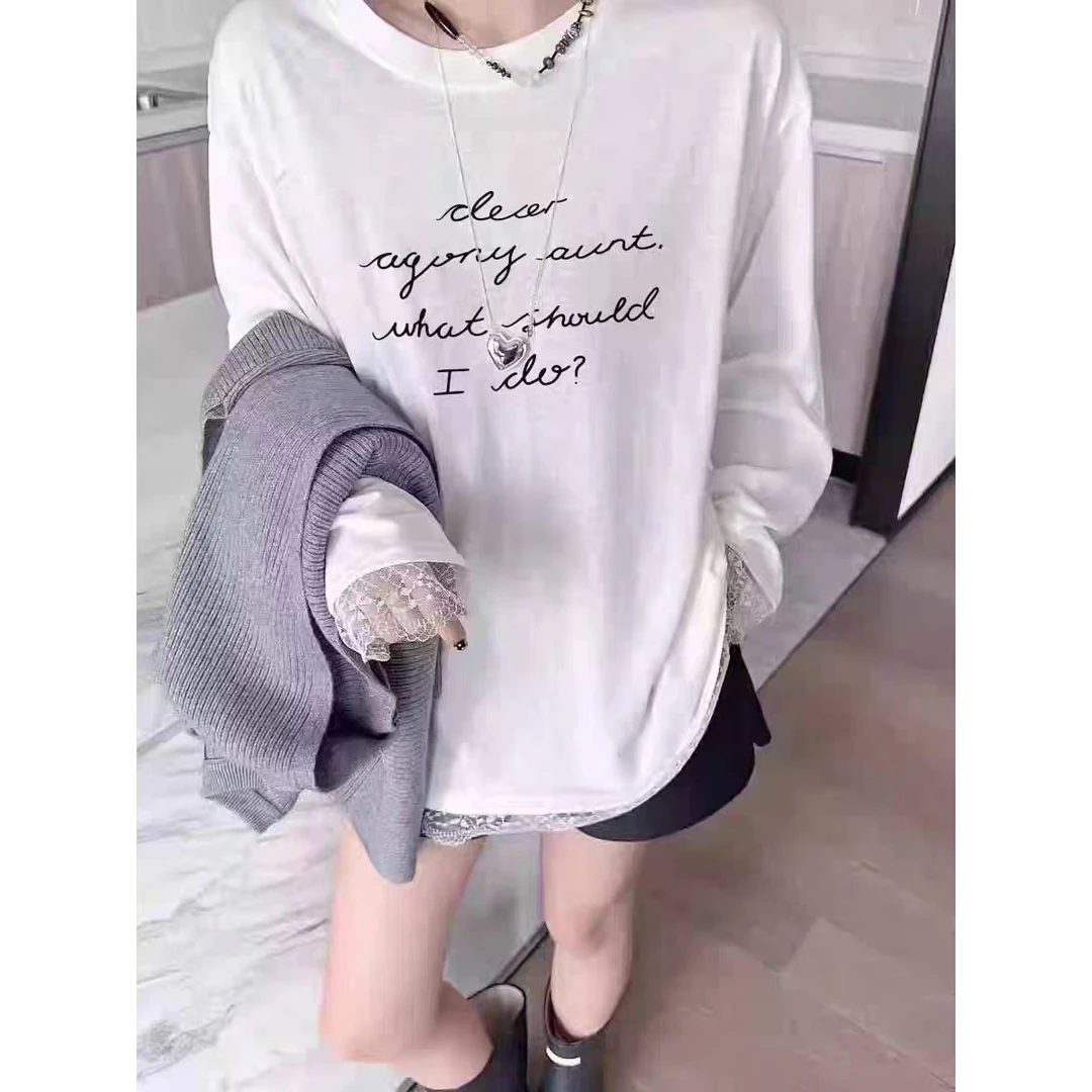 秋冬宽松休闲圆领长袖拼接蕾丝花边字母印花长袖T恤白色小众显瘦