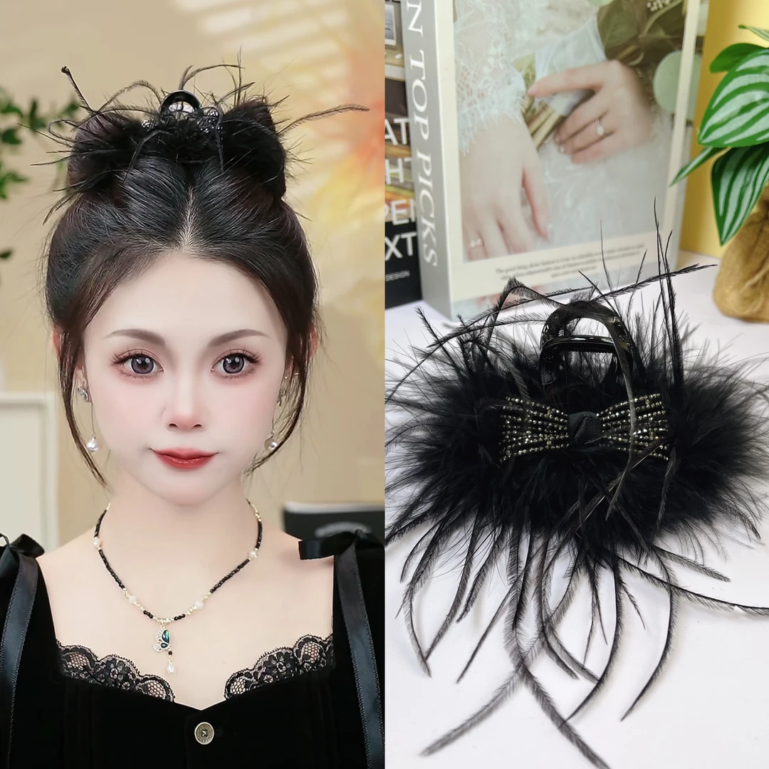 【羽荷】新款蓬松蝴蝶结羽毛抓夹