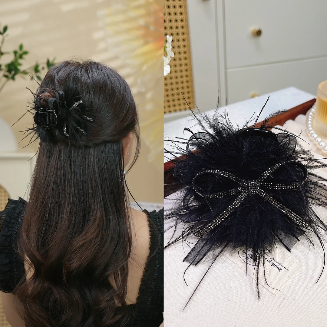 法式羽毛蝴蝶抓夹小香风公主头鲨鱼夹高级感百搭氛围感发夹