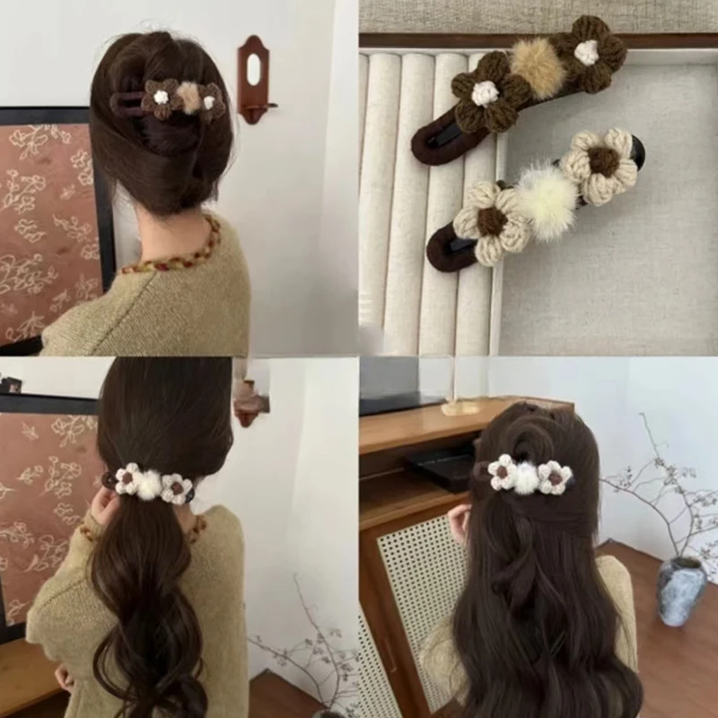 奶咖色毛线花朵鸭嘴夹后脑勺大号发夹半扎发抓夹秋冬气质发卡头饰