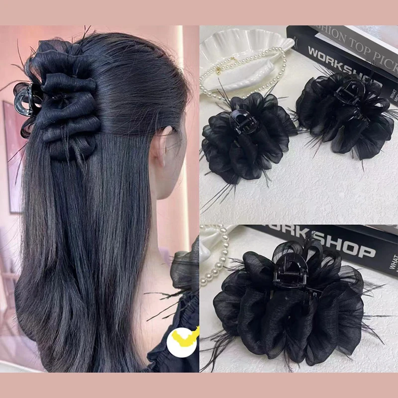 网纱羽毛泡泡抓夹女发量多发夹高级感盘发鲨鱼夹