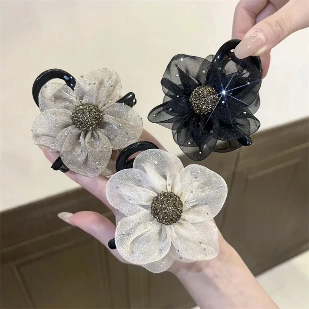新款高端轻奢网纱水钻花朵抓夹马尾丸子头抓夹气质百搭发饰