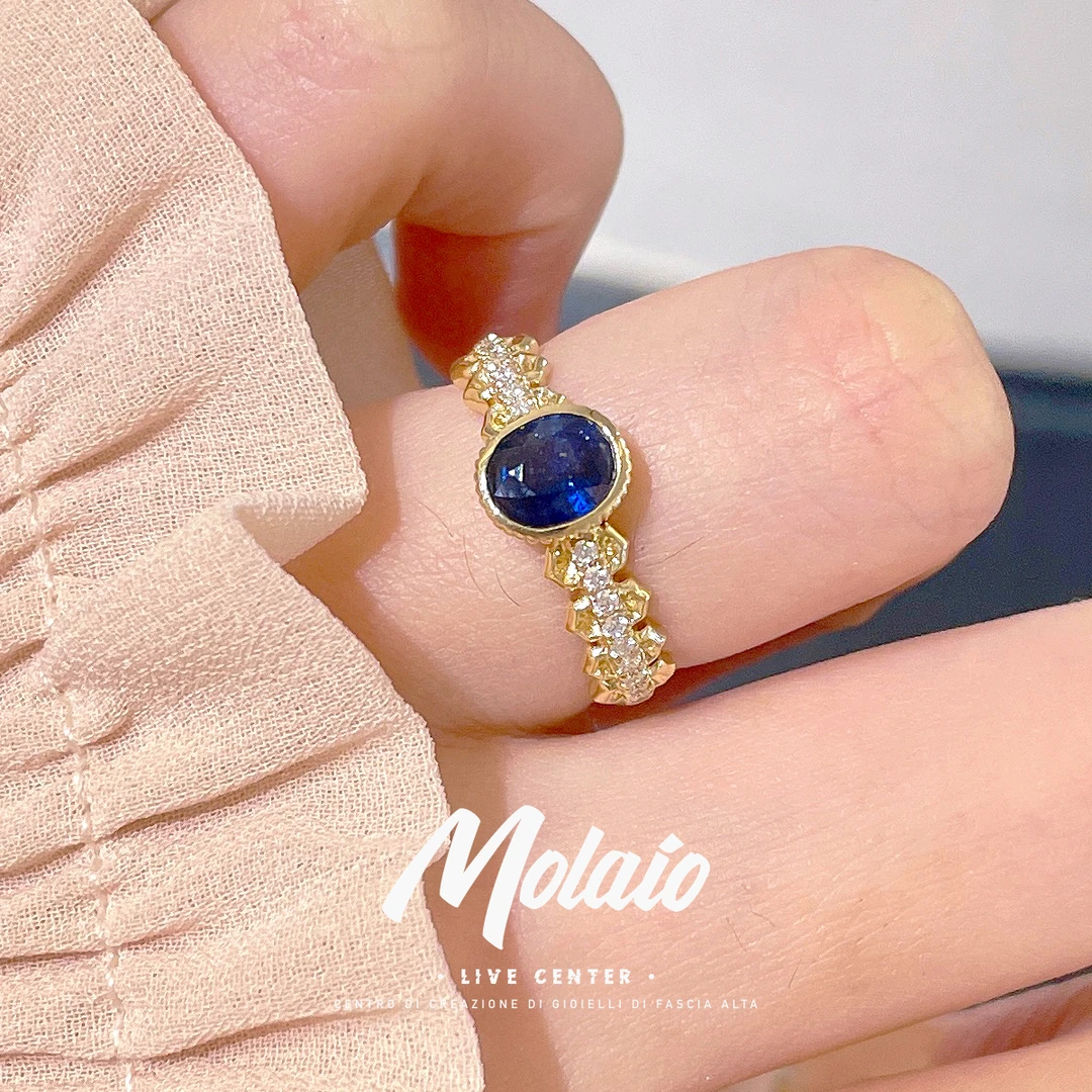 【70分天然蓝宝石】18K金钻石镶嵌蕾丝蜂巢边戒臂女戒指复古XV B059