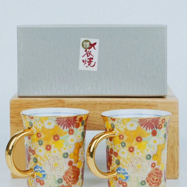 柴田生活日本九谷美山描金手绘四季花卉日式复古马克杯