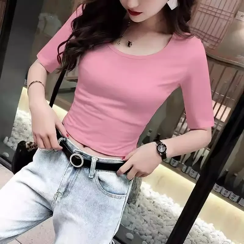 纯色圆领五分袖中袖短款T恤打底衫女修身高腰露脐禅意气质款女装