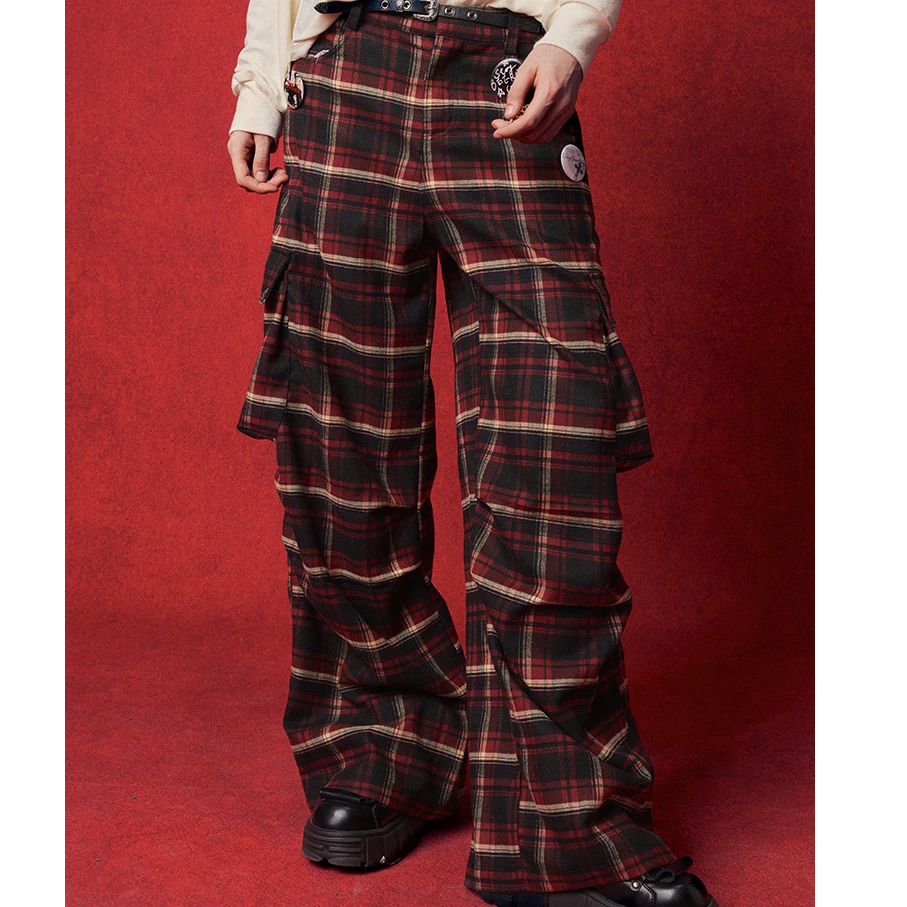 BZ24DXX558-1PT 美式休闲松紧腰宽松直筒格子工装裤