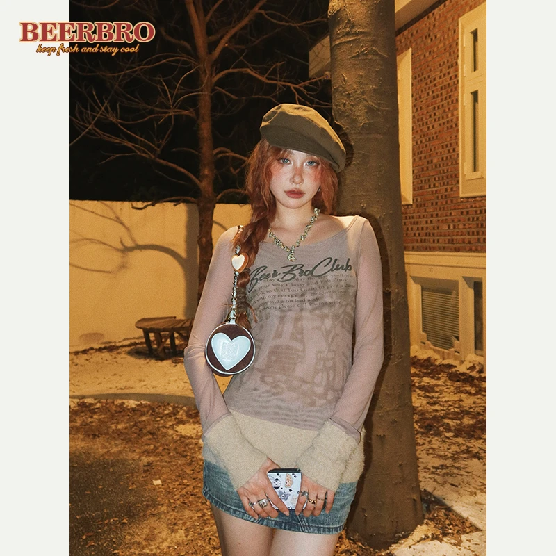 BZ23D3167-1CD 网纱拼接印花辣妹修身针织打底衫