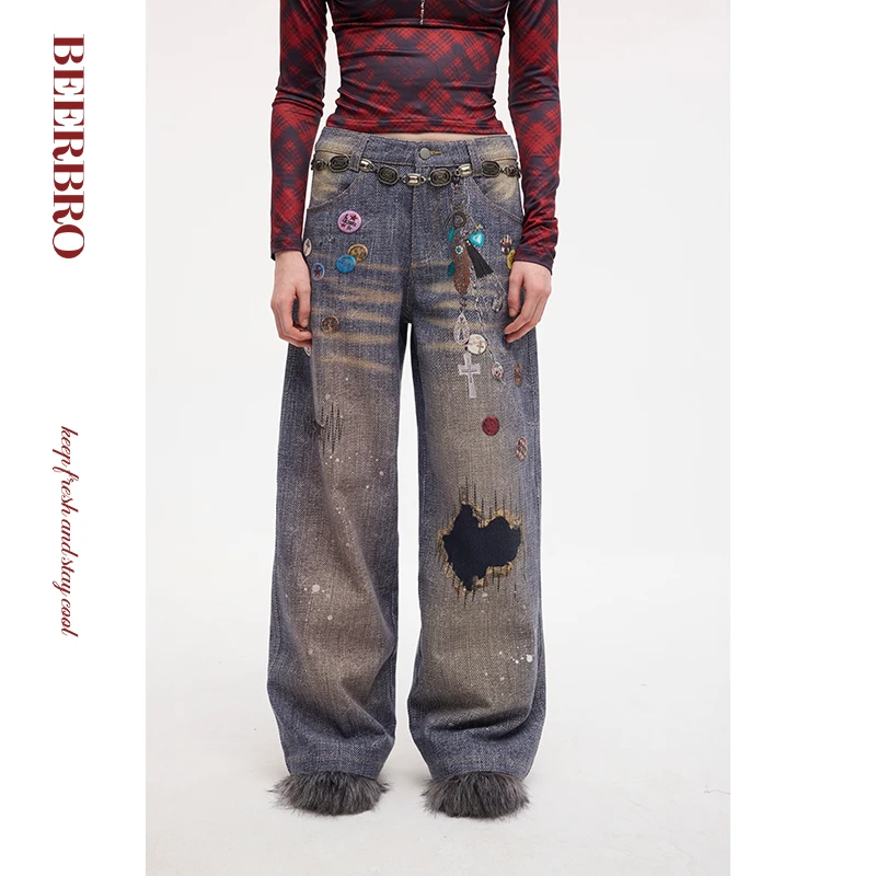 BZ24DJT554-1JN 美式街头徽章链条猫须破洞印花牛仔裤