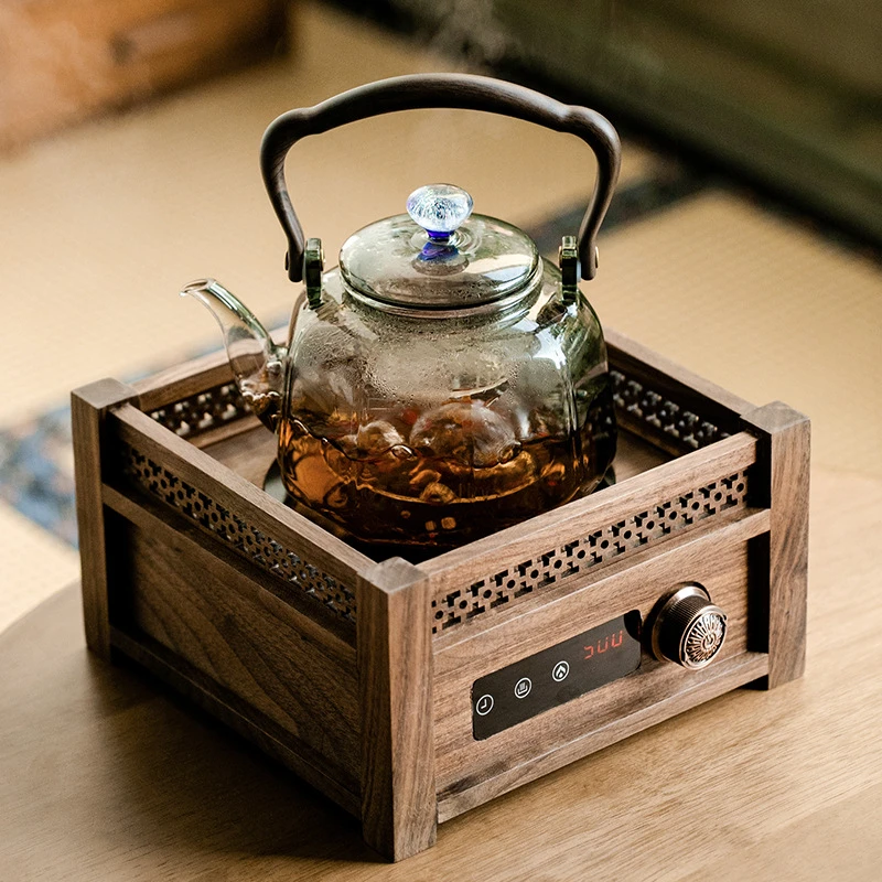 围炉煮茶电陶炉高端蒸煮茶器茶炉中式胡桃木茶具套装玻璃壶茶壶