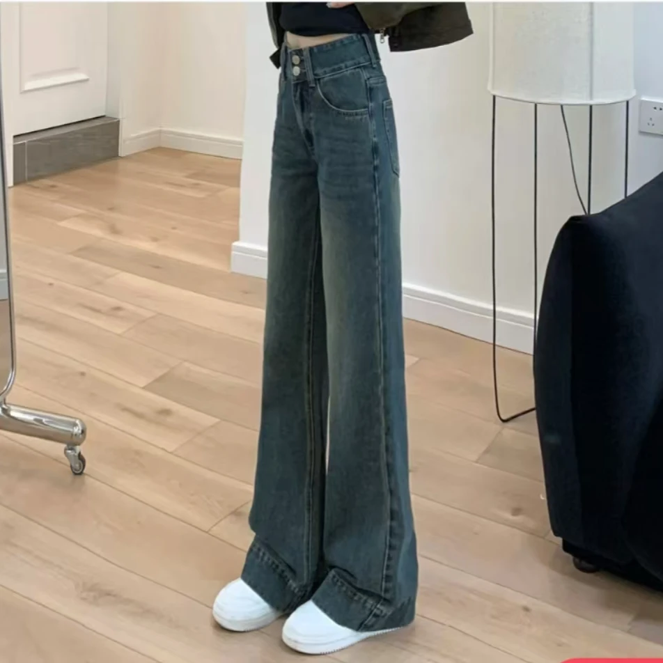 秋冬高腰阔腿微喇牛仔裤女显瘦宽松遮肉裤子时尚修身休闲裤子