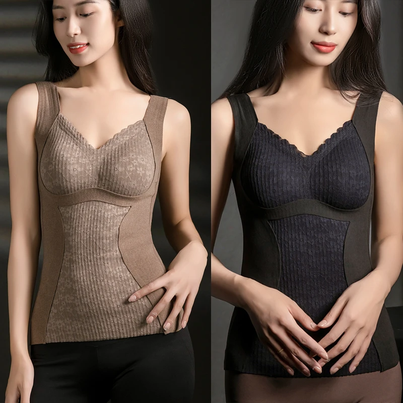 【2025秋冬双面磨毛】免穿文胸一体杯保暖背心内衣蕾丝打底上衣女