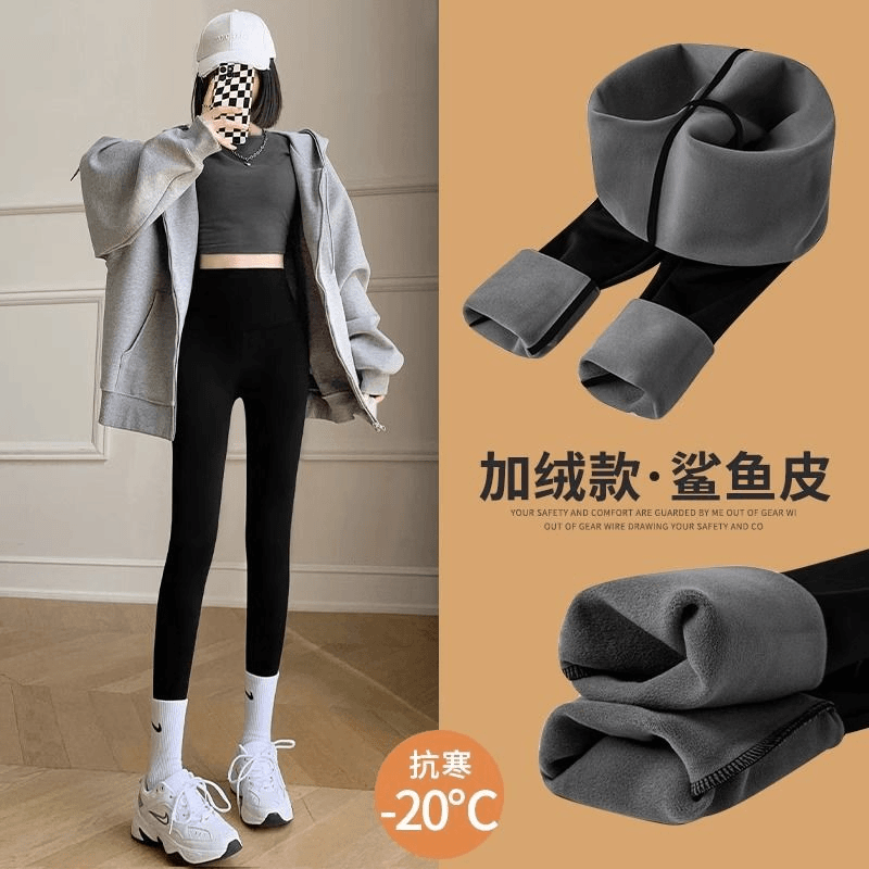 加绒鲨鱼裤女款外穿秋冬季收腹提臀瑜伽芭比打底绒裤黑色保暖棉裤