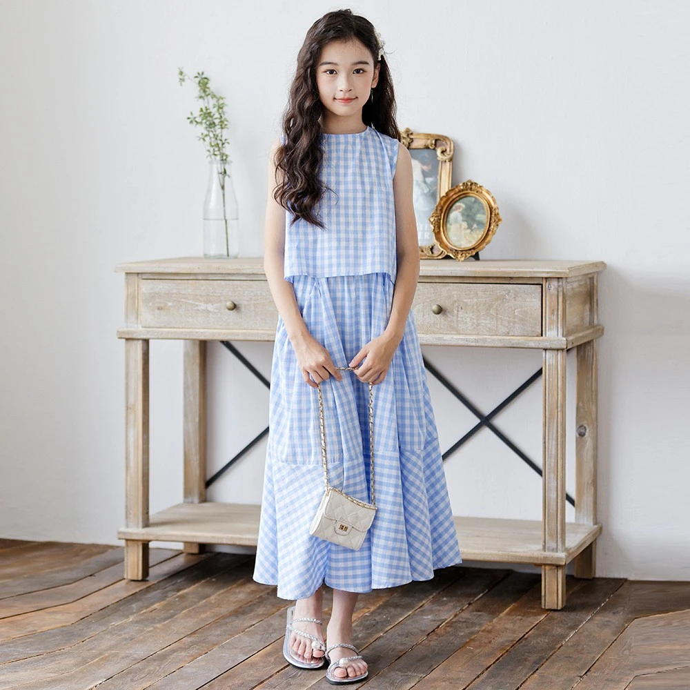 女童夏装套装连衣裙中大儿童甜美蓝白格子2025新款度假洋气两件套
