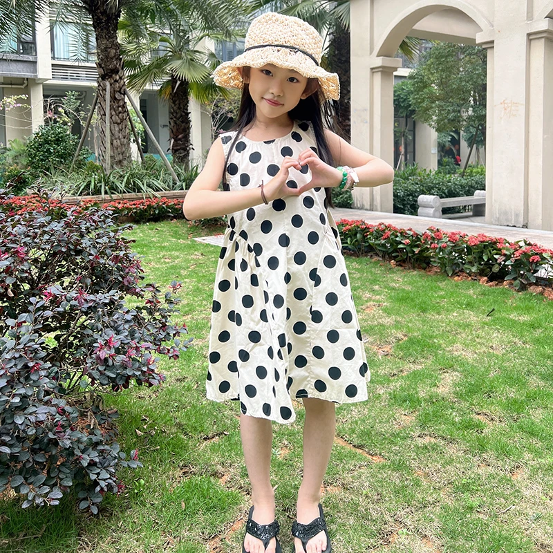 女童波点连衣裙夏纯棉新款中大儿童洋气时髦度假沙滩无袖公主裙子