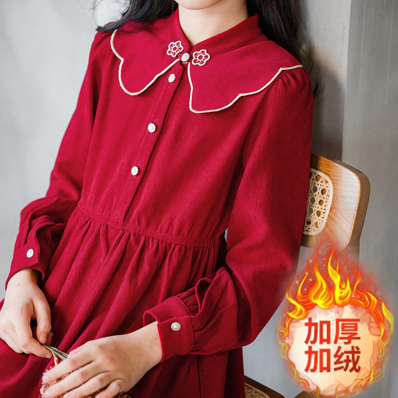 儿童秋冬红色公主裙新款女童婚礼加绒连衣裙学院风洋气立领裙中式