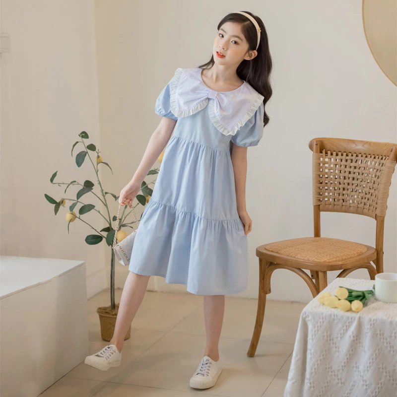 女童纯棉连衣裙洋气夏季中大儿童韩版蝴蝶结大翻领泡泡袖公主裙子