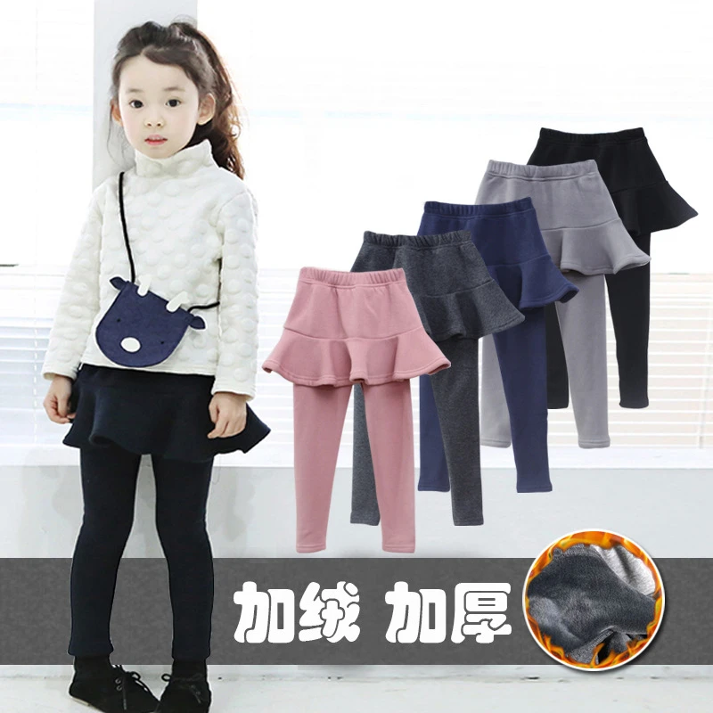 女童加绒打底裤春秋季一体绒韩版中大童假两件裙裤加厚外穿保暖裤